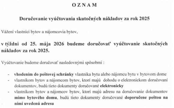 Doručovanie vyúčtovania skutočných nákladov za rok 2025